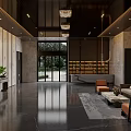 Modern Hotel Lobby Interior With Chandeliers Sofas Large Rug And Floor To Ceiling Windows