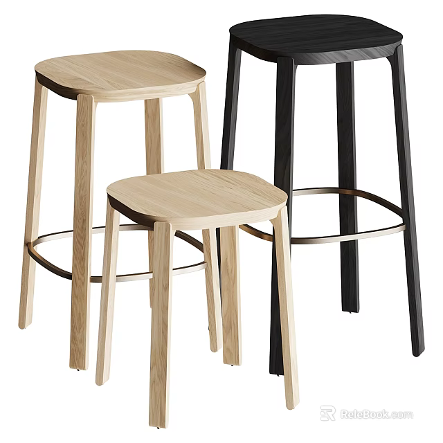 Sleek Modern Bar Stools With Natural Wood Seats Black Legs and Metal Footrests 3d model 