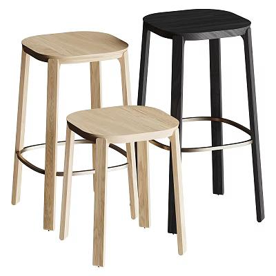 Sleek Modern Bar Stools With Natural Wood Seats Black Legs and Metal Footrests 3d model