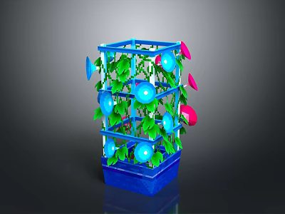 Decorative Blue Storage Shelf With Green Vines Blue And Pink Flowers 3d model