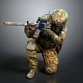 Game Movie Character In Camouflage Uniform With Helmet Kneeling On One Knee Holding Colorful Rifle