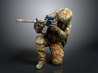 Game Movie Character In Camouflage Uniform With Helmet Kneeling On One Knee Holding Colorful Rifle 3d model