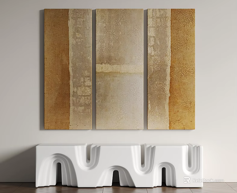 Modern Abstract Paintings in Brown Beige Tones Hanging on Wall with White Decorative Shelf 3d model 