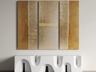 Modern Abstract Paintings in Brown Beige Tones Hanging on Wall with White Decorative Shelf 3d model