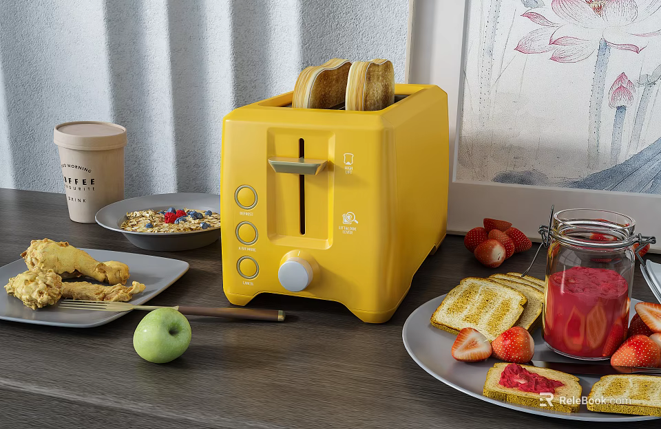 Yellow Kitchen Toaster With Fresh Toast Strawberries Apple And Breakfast Foods 3d model 