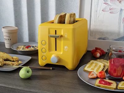 Yellow Kitchen Toaster With Fresh Toast Strawberries Apple And Breakfast Foods 3d model