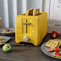 Yellow Kitchen Toaster With Fresh Toast Strawberries Apple And Breakfast Foods