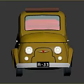 Yellow Retro Cartoon Car With Convertible Top Red Windows Gray Wheels And Black Spoiler