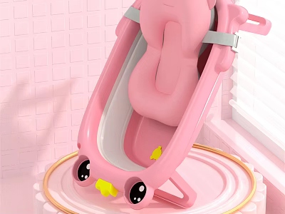 Pink Portable Baby Bath Tub with Cartoon Eyes and Yellow Decorations for Comfortable Baby Washing 3d model