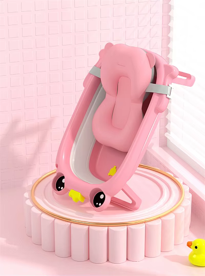 Pink Portable Baby Bath Tub with Cartoon Eyes and Yellow Decorations for Comfortable Baby Washing 3d model