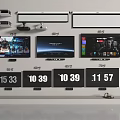 Various Televisions Of Different Sizes Display Time And Program Content On Screens