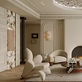 Elegant Cream Tone Living Room Interior With Soft Curved Sofa Cozy Fireplace And Arched Windows