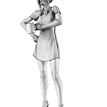 Woman in black dress with white cuffs and hem holding red cup with star design