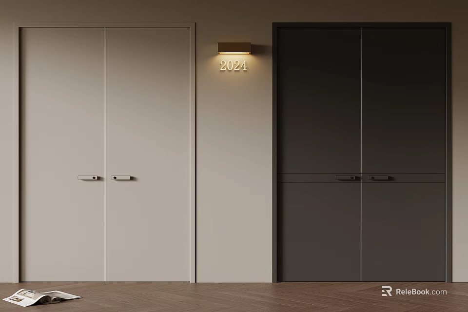 Modern Interior With Light And Dark Cabinet Doors Wall Lamp And Wooden Floor 3d model 