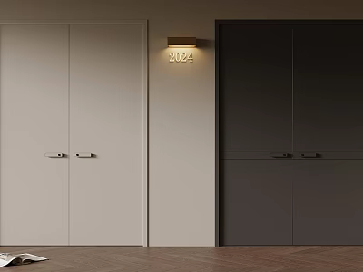 Modern Interior With Light And Dark Cabinet Doors Wall Lamp And Wooden Floor 3d model