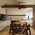 Modern Living Dining Room Interior With Black Leather Sofa Wooden Ceiling Fan And Patterned Area Rug