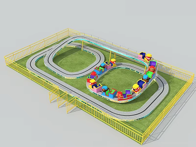 Colorful Carriages Amusement Ride With Curved Track Yellow Fence And Green Grass 3d model