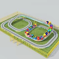 Colorful Carriages Amusement Ride With Curved Track Yellow Fence And Green Grass