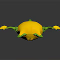 Yellow Lemon Shaped Creature With Green Leaf Ears And Wings Smiling Face Sharp Teeth Floating