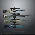 Rifles Featuring Scopes In Various Colors And Designs Arranged On Grey Background