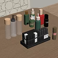 Elegant Perfume Cosmetics Display With Assorted Bottles Golden Lipstick Holder And Lipsticks On Wooden Table