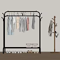 Black Metal Clothes Rack With Hanging Clothes Wooden Coat Stand And Shoes Storage Boxes