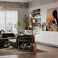 Contemporary Living Room Interior Featuring Black Sofa Coffee Table Red Rocking Chair And Wall Painting