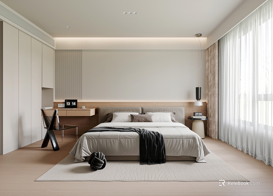 Modern Bedroom Interior With Large Bed Headboard Desk Chair Curtains Rug And Cabinets 3d model 