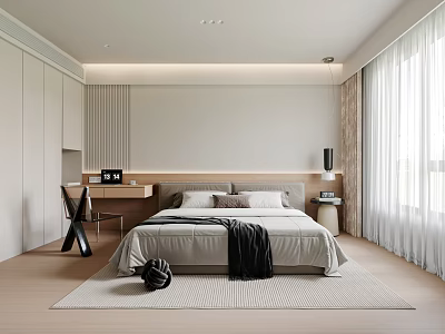 Modern Bedroom Interior With Large Bed Headboard Desk Chair Curtains Rug And Cabinets 3d model