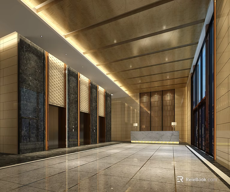 Luxurious Modern Lobby Reception Desk With Marble Walls Elevators And Elegant Lighting 3d model 
