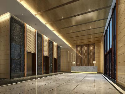 Luxurious Modern Lobby Reception Desk With Marble Walls Elevators And Elegant Lighting 3d model