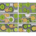 Park Landscape Featuring Circular Green Areas Trees Green Orange Leaves Regular Layout And Paved Paths