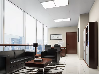 Modern Office Interior With Large Windows City View Sofa Coffee Table Desk And Ceiling Lights 3d model