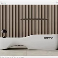 Modern White Reception Desk With Black Table Lamp And Wooden Slat Wall