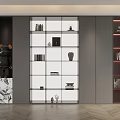 Modern Bookcase With Glass Shelves Transparent Doors Marble Base Lighting And Decorative Items