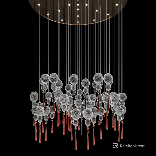 Modern Style Chandelier With Transparent Spherical Decorations Red Tassels And Metal Frame 3d model 