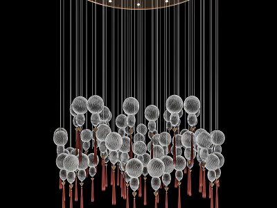 Modern Style Chandelier With Transparent Spherical Decorations Red Tassels And Metal Frame 3d model