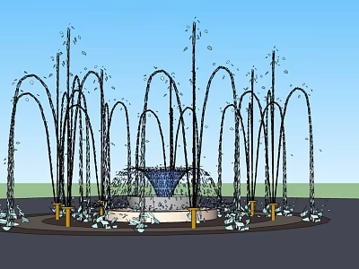 Ornate Outdoor Fountain With Multiple Arching Water Jets And Circular Stone Base 3d model