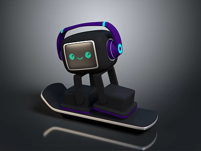 3D Robot Character Wearing Purple Headphones And Green Eyes Sitting On Skateboard 3d model