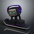 3D Robot Character Wearing Purple Headphones And Green Eyes Sitting On Skateboard