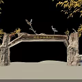 Wooden Archway Entrance Gate with Animal Sculptures Yellow-leaved Trees and Blue Sky in Tourist Area 3d model