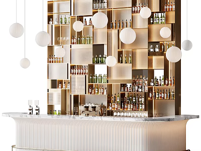 Modern Bar Counter Interior With Wooden Shelves Holding Wine Bottles And Hanging White Pendant Lights 3d model