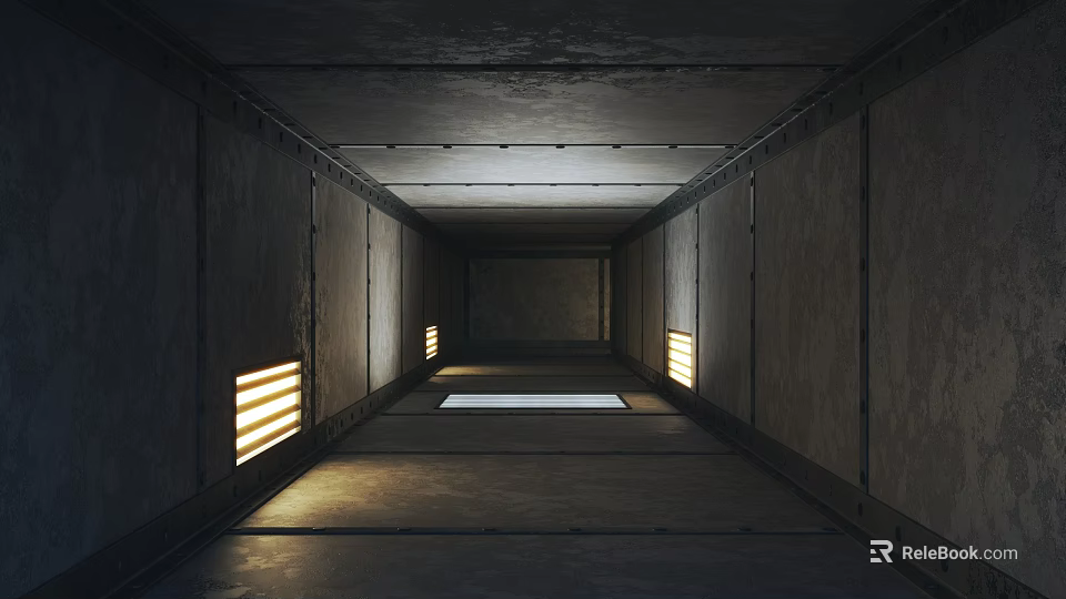 Dark Industrial Corridor With Side Walls Horizontal Strip Windows And Ceiling Lights 3d model 