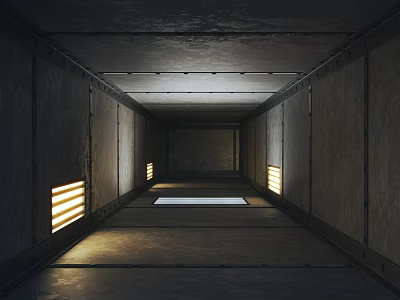 Dark Industrial Corridor With Side Walls Horizontal Strip Windows And Ceiling Lights 3d model
