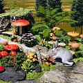 Vibrant Garden Flowers With Red Yellow Mushrooms Rabbit Ferns And Rocks