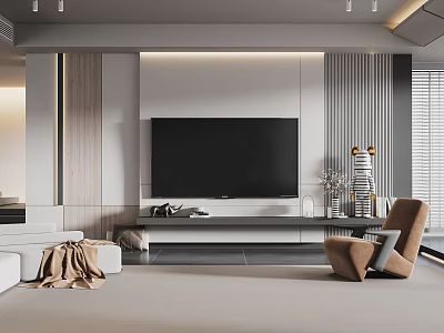 Elegant Modern Living Room TV Wall With Wooden Panels Minimalist Design And Decorative Shelves 3d model