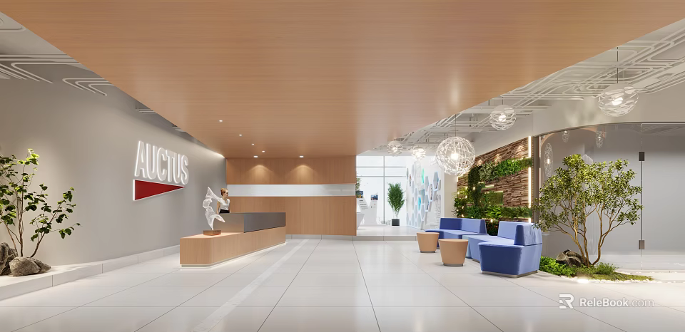 Hotel Front Desk with Wooden Counter White Wall Pendant Lights Green Plants and Blue Sofas 3d model 