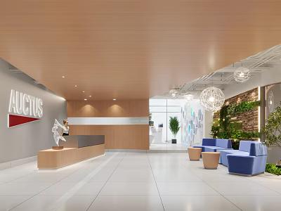 Hotel Front Desk with Wooden Counter White Wall Pendant Lights Green Plants and Blue Sofas 3d model