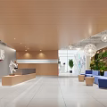 Hotel Front Desk with Wooden Counter White Wall Pendant Lights Green Plants and Blue Sofas