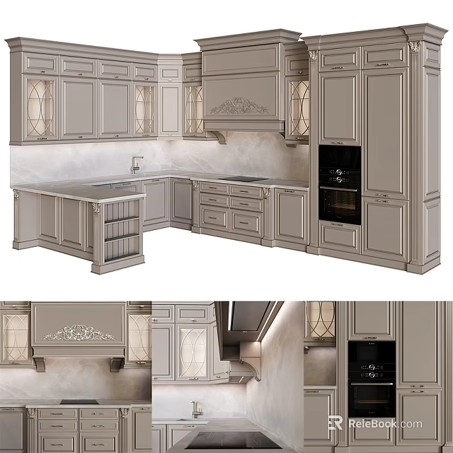 Classic Kitchen Interior With Carved Cabinets Glass Door Panels And Island Counter 3d model 